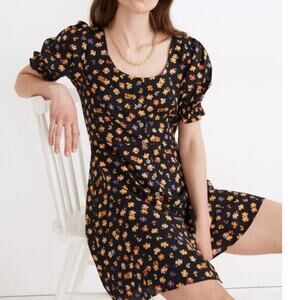 Madewell Smock Puff Sleeve Button Front Mini Dress Floral Blue Orange Small